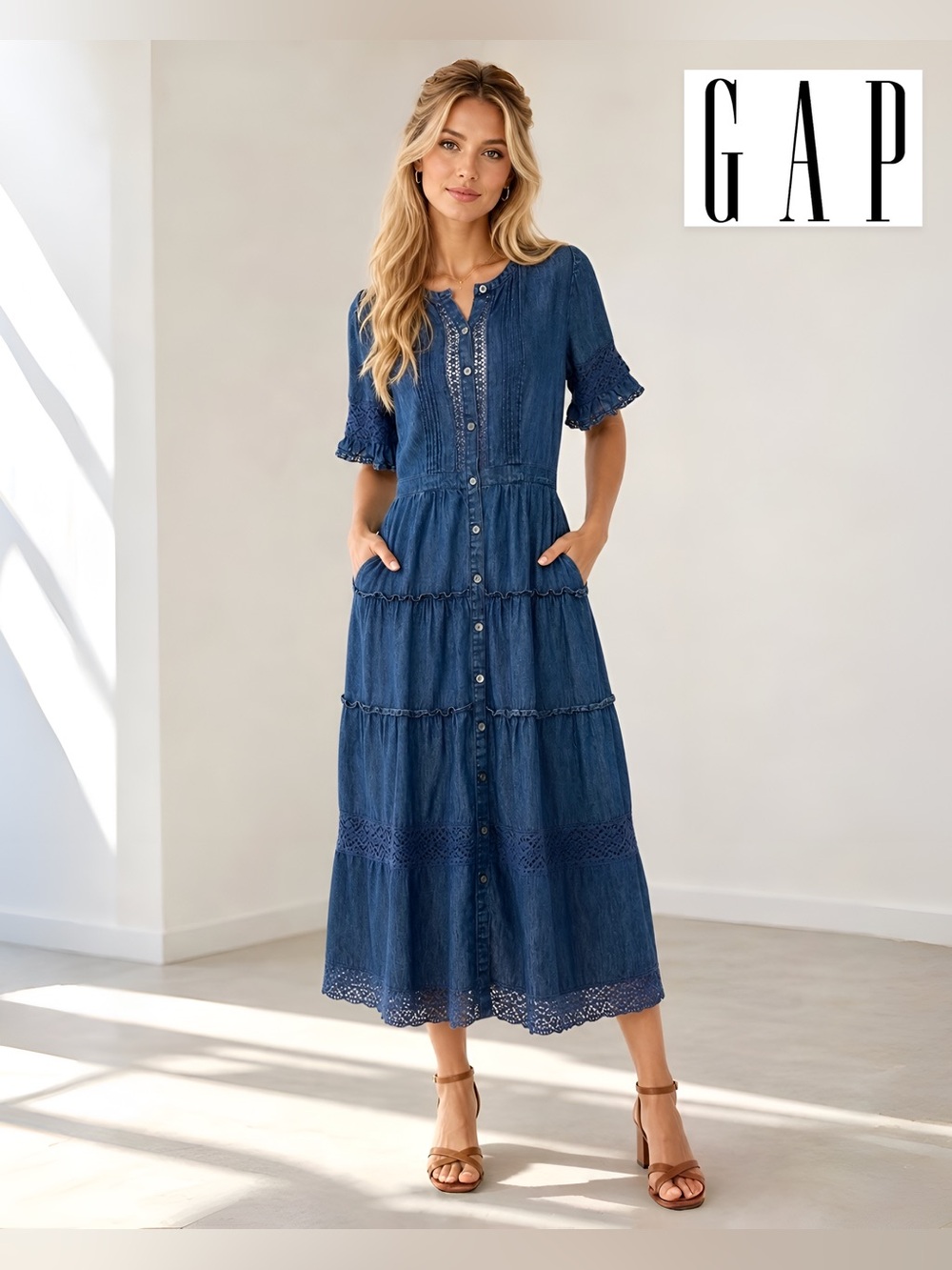 NWOT✨Women’s Gap x LoveShackFancy Denim Tiered Midi Dress